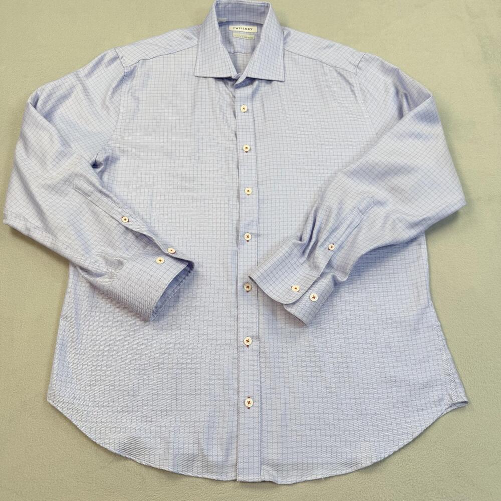 Twillory Shirt Mens 17 34/35 Blue Check Slim Fit Non Iron Dress Safe Cotton